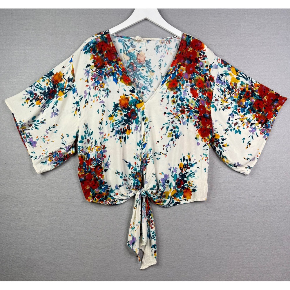LOVESTITCH Floral Tie-Front Kimono Top Womens M White Multicolor Boho Oversized